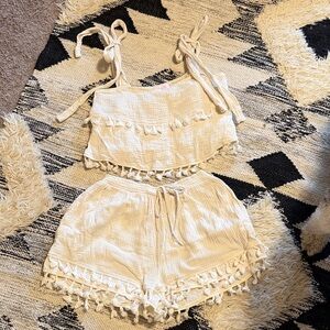 Pink Lily Cream Tassel Crop Top & Shorts Set